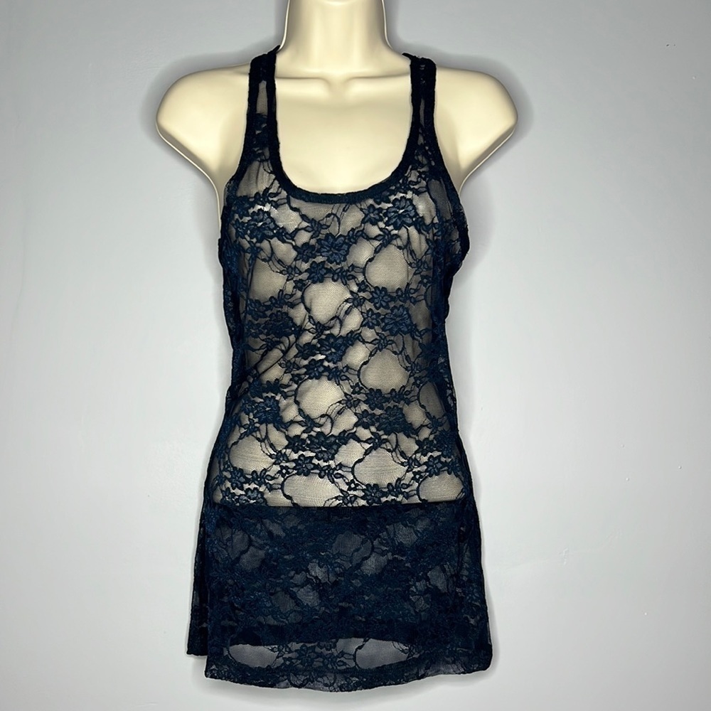 ZENANA OUTFITTERS DARK BLUE SHEER LACE RACERBACK TANK TOP new Medium